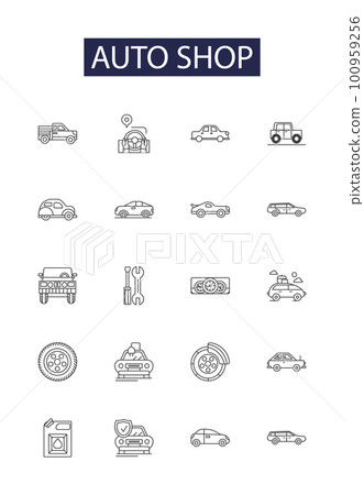 Auto shop line vector icons and signs. Tyre, Workshop, Auto, Car, Mechanic, Diagnose, Repair, Service outline vector illustration set Auto shop line vector icons and signs. Tyre, Workshop, Auto, Car, Mechanic, Diagnose, Repair, Service outline vector illustration set 100959256