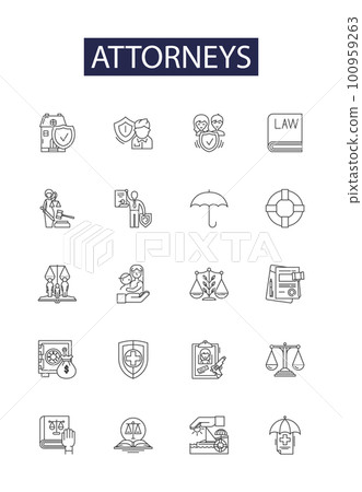 Attorneys line vector icons and signs. solicitor, counsel, barrister, attorney, advocate, litigator, practitioner, pleader outline vector illustration set 100959263