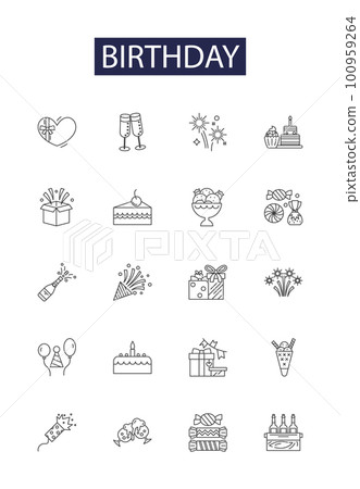 Birthday line vector icons and signs. Cake, Gift, Celebrate, Reflection, Fun, Family, Presents, Friends outline vector illustration set 100959264