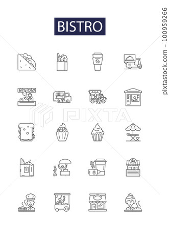 Bistro line vector icons and signs. eatery, cafe, restaurant, bar, lounge, brasserie, tapas, diner outline vector illustration set Bistro line vector icons and signs. eatery, cafe, restaurant, bar, lounge, brasserie, tapas, diner outline vector illustration set 100959266