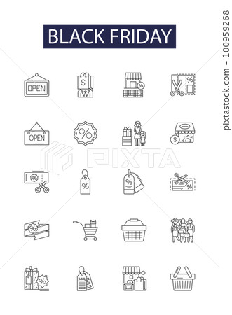 Black friday line vector icons and signs. Friday, Deals, Shopping, Sales, Discounts, Frenzy, Savings, Gifts outline vector illustration set Black friday line vector icons and signs. Friday, Deals, Shopping, Sales, Discounts, Frenzy, Savings, Gifts outline vector illustration set 100959268