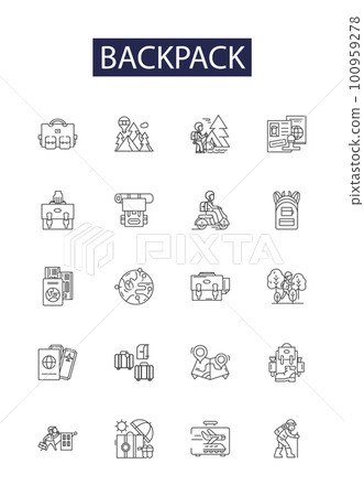 Backpack line vector icons and signs. Rucksack, Bag, Pack, Sack, Knapsack, Satchel, Load, Carrier outline vector illustration set 100959278