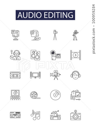 Audio editing line vector icons and signs. Editing, Cut, Trim, Amplify, Fade, Mix, Compress, Normalize outline vector illustration set 100959284