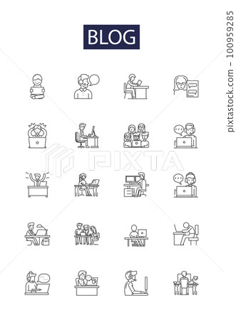 Blog line vector icons and signs. Writing, Posting, Sharing, Authors, Visitors, Followers, Topics, Comments outline vector illustration set 100959285