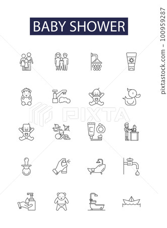 Baby shower line vector icons and signs. Celebration, Decoration, Games, Cake, Registry, Family, Friends, Guests outline vector illustration set 100959287