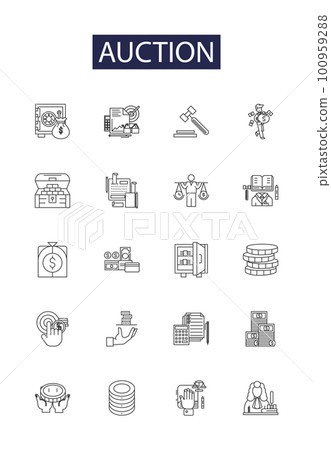 Auction line vector icons and signs. Bid, Bidding, Selling, Buyer, Seller, Reserve, Allocate, Appraise outline vector illustration set 100959288