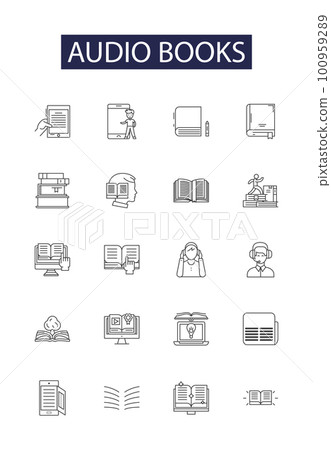 Audio books line vector icons and signs. Audiobook, Audio-books, Audio, Books, Listening, Storytelling, E-Books, Story outline vector illustration set 100959289