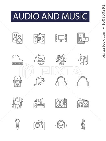 Audio and music line vector icons and signs. Audio, Sounds, Melodies, Songs, Percussion, Songwriting, Acoustics, Production outline vector illustration set 100959291
