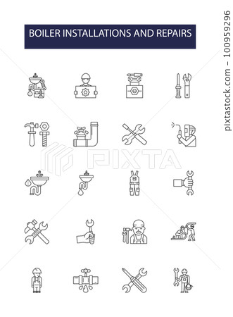 Boiler installations and repairs line vector icons and signs. Installations, Repairs, Services, Upgrades, Replacements, Maintenance, Inspections, System outline vector illustration set Boiler installations and repairs line vector icons and signs. Installations, Repairs, Services, Upgrades, Replacements, Maintenance, Inspections, System outline vector illustration set 100959296