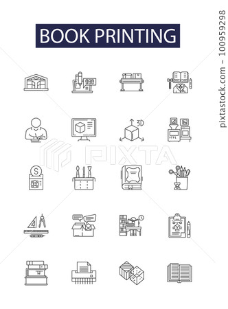 Book printing line vector icons and signs. Binding, Covering, Offset, Printing, Finishing, Typesetting, Handbound, Hardback outline vector illustration set 100959298