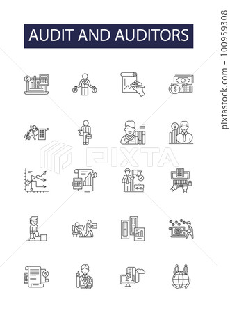 Audit and auditors line vector icons and signs. Auditors, Assurance, Examination, Assessor, Analyst, Verification, Compliance, Reviews outline vector illustration set Audit and auditors line vector icons and signs. Auditors, Assurance, Examination, Assessor, Analyst, Verification, Compliance, Reviews outline vector illustration set 100959308