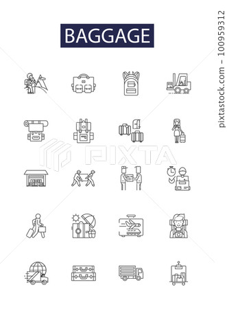 Baggage line vector icons and signs. baggage, suitcase, travel, tourism, bag, journey, vacation,airport outline vector illustration set Baggage line vector icons and signs. baggage, suitcase, travel, tourism, bag, journey, vacation,airport outline vector illustration set 100959312