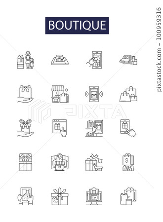 Boutique line vector icons and signs. Store, Clothes, Fashion, Shopping, Glam, Luxury, Retail, Apparel outline vector illustration set Boutique line vector icons and signs. Store, Clothes, Fashion, Shopping, Glam, Luxury, Retail, Apparel outline vector illustration set 100959316