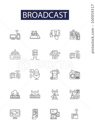 Broadcast line vector icons and signs. Disseminate, Announce, Relay, Air, Televise, Diffuse, Proclaim, Propagate outline vector illustration set 100959317