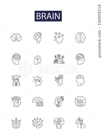 Brain line vector icons and signs. Cortex, Neurons, Think, Grey, Memory, Learning, Intellect, Cerebellum outline vector illustration set 100959318