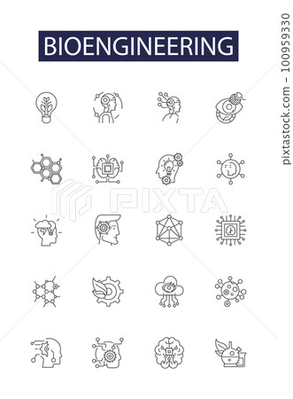 Bioengineering line vector icons and signs. Biotech, Biomaterial, Biomechatronics, Bioprocess, Biosensor, Bioreactor, Biomimetic, Biodesign outline vector illustration set Bioengineering line vector icons and signs. Biotech, Biomaterial, Biomechatronics, Bioprocess, Biosensor, Bioreactor, Biomimetic, Biodesign outline vector illustration set 100959330