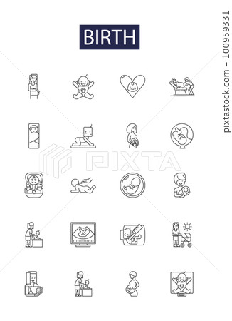 Birth line vector icons and signs. Childbirth, Delivery, Parturition, Nascence, Conception, Beginnings, Genesis, Advent outline vector illustration set Birth line vector icons and signs. Childbirth, Delivery, Parturition, Nascence, Conception, Beginnings, Genesis, Advent outline vector illustration set 100959331