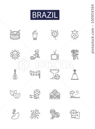 Brazil line vector icons and signs. Amazon, Rio, Carnival, Soccer, Favelas, Samba, Portuguese, Cerrado outline vector illustration set 100959364