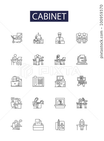 Cabinet line vector icons and signs. Wardrobe, Hutch, Chest, Buffet, Armoire, Shelf, Console, Locker outline vector illustration set 100959370