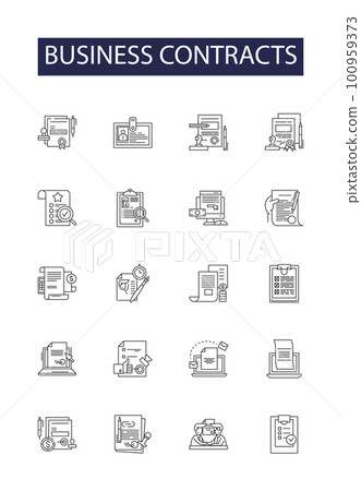 Business contracts line vector icons and signs. Business, Agreement, Terms, Parties, Obligations, Rights, Vesting, Security outline vector illustration set Business contracts line vector icons and signs. Business, Agreement, Terms, Parties, Obligations, Rights, Vesting, Security outline vector illustration set 100959373
