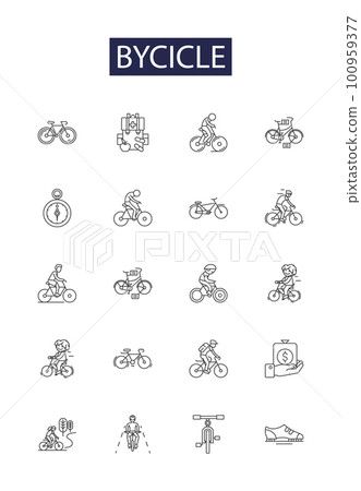 Bycicle line vector icons and signs. Cycling, Rider, Wheels, Frame, Tires, Pedals, Derailleur, Seat outline vector illustration set 100959377