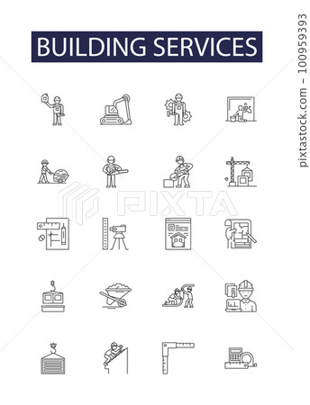 Building services line vector icons and signs. Design, Plumbing, Heating, Ventilation, Maintenance, Security, Lighting, Parking outline vector illustration set Building services line vector icons and signs. Design, Plumbing, Heating, Ventilation, Maintenance, Security, Lighting, Parking outline vector illustration set 100959393