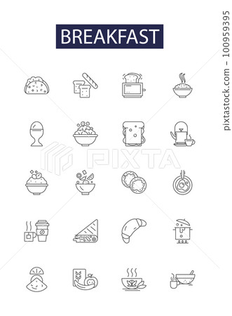 Breakfast line vector icons and signs. Bacon, Toast, Jam, Omelette, Cereal, Pancakes, Waffles, Coffee outline vector illustration set Breakfast line vector icons and signs. Bacon, Toast, Jam, Omelette, Cereal, Pancakes, Waffles, Coffee outline vector illustration set 100959395