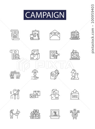 Campaign line vector icons and signs. Advertising, Promotion, Outreach, Drive, Rally, Lobby, March, Crusade outline vector illustration set 100959403