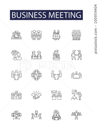 Business meeting line vector icons and signs. Business, Conference, Organise, Plan, Agenda, Networking, Executives, Strategy outline vector illustration set 100959404