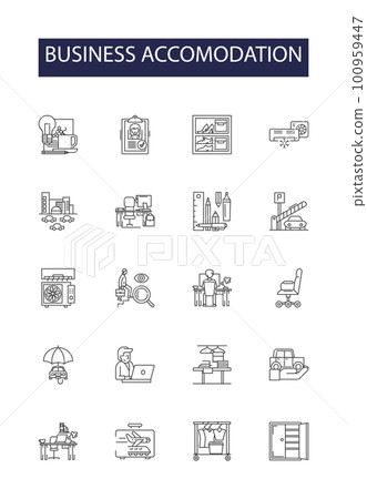 Business accomodation line vector icons and signs. Business, Lodging, Suite, Office, Rent, Lease, Short-term, Furnished outline vector illustration set 100959447