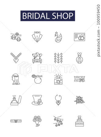 Bridal shop line vector icons and signs. bridal, store, wedding, dress, fashion, bride, gown,beautiful outline vector illustration set 100959450