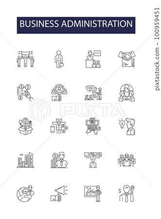 Business administration line vector icons and signs. Business, Management, Leadership, Planning, Analysis, Strategy, Marketing, Financial outline vector illustration set 100959451