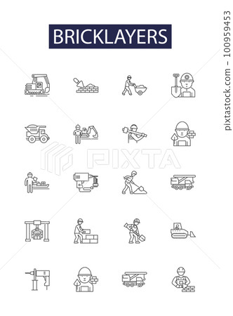 Bricklayers line vector icons and signs. Bricklayers, Brickies, Trowelers, Wallers, Tilers, Layer-ups, Renderers, Stackers outline vector illustration set Bricklayers line vector icons and signs. Bricklayers, Brickies, Trowelers, Wallers, Tilers, Layer-ups, Renderers, Stackers outline vector illustration set 100959453