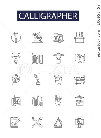 Calligrapher line vector icons and signs. Penman, Penmanship, Scribe, Lettering, Handwriting, Artist, Typography, Ornamentalist outline vector illustration set 100959455