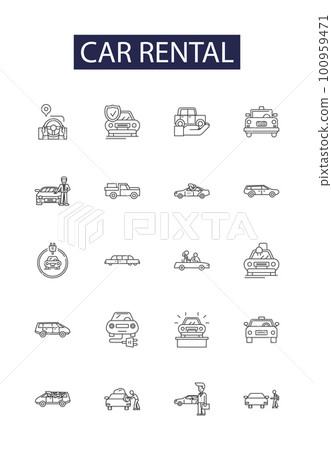 Car rental line vector icons and signs. Rental, Hire, Lease, Drive, Automobile, Book, Booking, Reservation outline vector illustration set 100959471