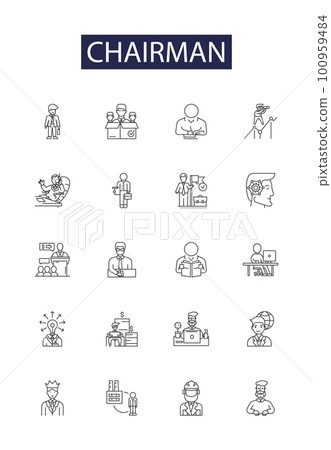 Chairman line vector icons and signs. Presiding, Officer, Head, Leader, Convenor, Steering, Executive, Chief outline vector illustration set Chairman line vector icons and signs. Presiding, Officer, Head, Leader, Convenor, Steering, Executive, Chief outline vector illustration set 100959484