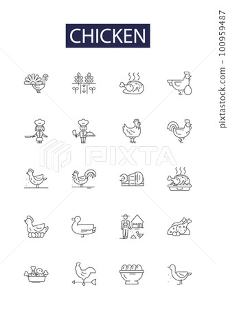 Chicken line vector icons and signs. Poultry, Fowl, Roast, Hen, cluck, wing, Drumstick, Coop outline vector illustration set 100959487