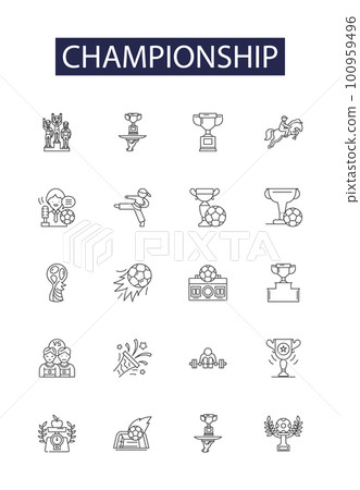 Championship line vector icons and signs. Competition, Trophy, Title, Victors, Prize, Contest, Finalists, Games outline vector illustration set 100959496
