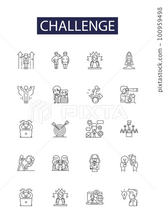 Challenge line vector icons and signs. Dare, Prove, Struggl, Test, Compete, Risk, Battle, Hurdle outline vector illustration set Challenge line vector icons and signs. Dare, Prove, Struggl, Test, Compete, Risk, Battle, Hurdle outline vector illustration set 100959498