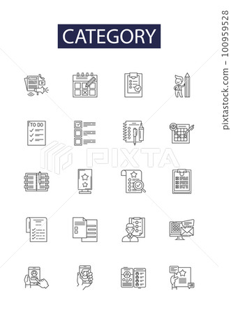 Category line vector icons and signs. Division, Type, Domain, Genre, Set, Group, Sort, Categorization outline vector illustration set 100959528