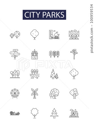 City parks line vector icons and signs. Parks, Recreation, Green, Spaces, Playground, Walking, City, Trees outline vector illustration set 100959534