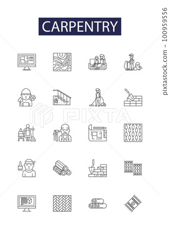 Carpentry line vector icons and signs. Woodworking, Joinery, Furniture-making, Cabinet-making, Moulding, Framing, Finishing, Shaping outline vector illustration set Carpentry line vector icons and signs. Woodworking, Joinery, Furniture-making, Cabinet-making, Moulding, Framing, Finishing, Shaping outline vector illustration set 100959556