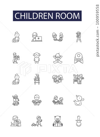 Children room line vector icons and signs. Room, Nursery, Playroom, Bedroom, Toy, Decor, Wall, Furniture outline vector illustration set Children room line vector icons and signs. Room, Nursery, Playroom, Bedroom, Toy, Decor, Wall, Furniture outline vector illustration set 100959558