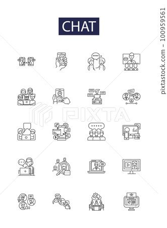 Chat line vector icons and signs. Chatting, Conversation, Messaging, Texting, Discourse, Dialogue, Interlocution, Vocalization outline vector illustration set Chat line vector icons and signs. Chatting, Conversation, Messaging, Texting, Discourse, Dialogue, Interlocution, Vocalization outline vector illustration set 100959561