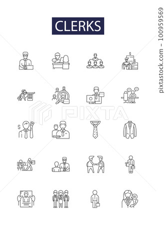 Clerks line vector icons and signs. Employees, Shop, Convenience, Stoner, Rude, Slacking, Video, Romance outline vector illustration set Clerks line vector icons and signs. Employees, Shop, Convenience, Stoner, Rude, Slacking, Video, Romance outline vector illustration set 100959569