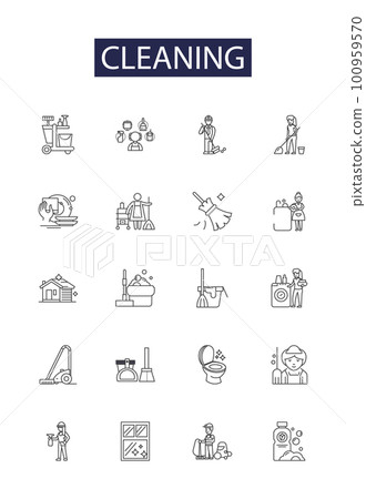 Cleaning line vector icons and signs. Washing, Sterilizing, Scrubbing, Vacuuming, Dusting, Sweeping, Moping, Polishing outline vector illustration set 100959570