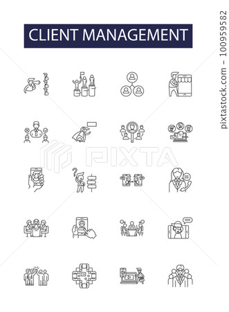 Client management line vector icons and signs. Management, Tracking, Registering, Recording, Scheduling, Reporting, Monitoring, Interacting outline vector illustration set 100959582