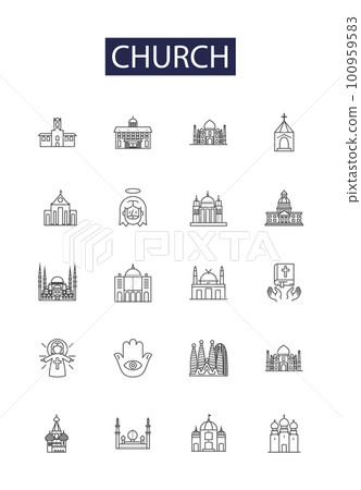 Church line vector icons and signs. sanctuary, chapel, congregation, faith, worship, religion, divinity, scripture outline vector illustration set 100959583