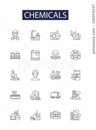 Chemicals line vector icons and signs. Solvents, Compounds, Compounds, Reagents, Gases, Halides, Metals, Oxides outline vector illustration set Chemicals line vector icons and signs. Solvents, Compounds, Compounds, Reagents, Gases, Halides, Metals, Oxides outline vector illustration set 100959587
