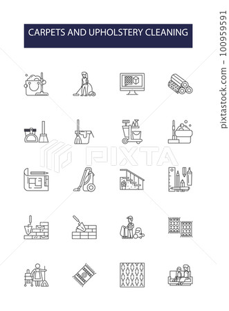 Carpets and upholstery cleaning line vector icons and signs. Upholstery, Cleaning, Vacuuming, Shampooing, Steam, Stain, Remover, Deodorizing outline vector illustration set Carpets and upholstery cleaning line vector icons and signs. Upholstery, Cleaning, Vacuuming, Shampooing, Steam, Stain, Remover, Deodorizing outline vector illustration set 100959591